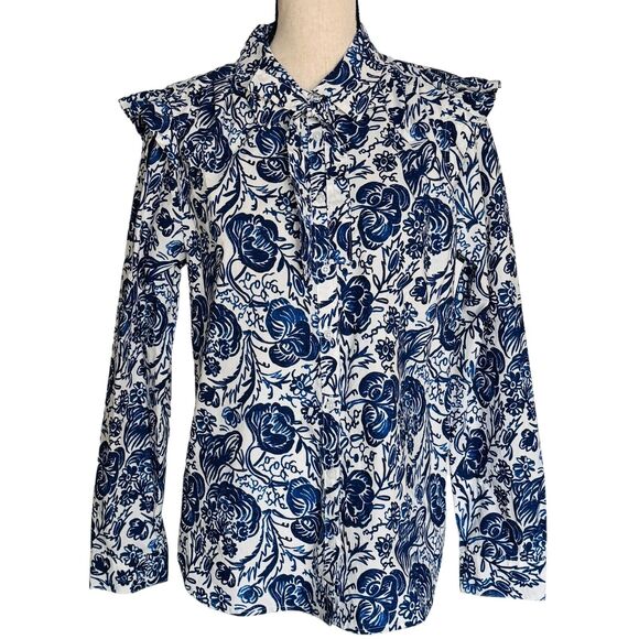 Charter Club X-Small Top Floral Long Sleeve Button-Up Ruffled Collar Blue White - Picture 1 of 9